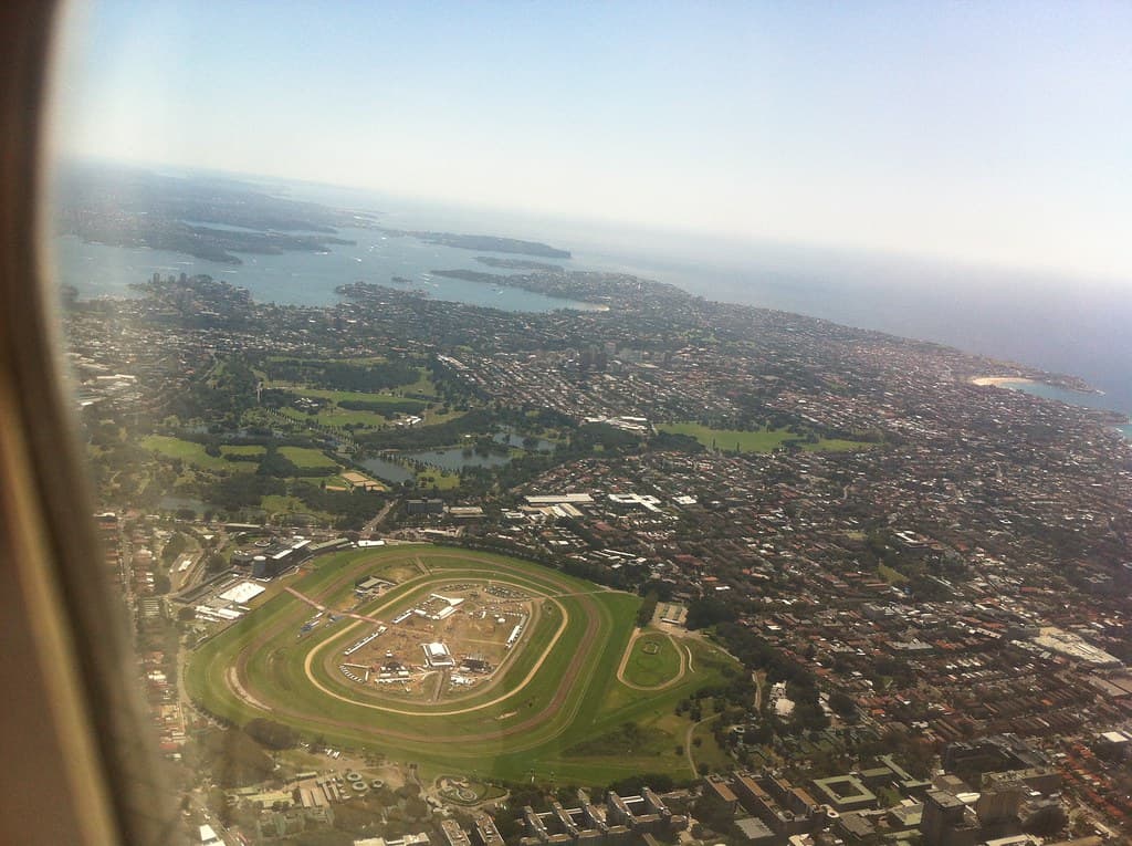 Sydney's eastern suburbs from the air, Randwick racecourse in front